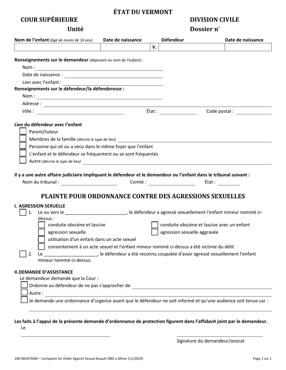 Form 100-00247SAM Complaint for Order Against Sexual Assault on Behalf of a Minor - Vermont (French), Page 1