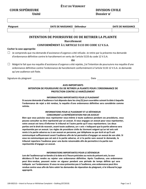 Form 100-00251S Intent to Pursue or Withdraw Complaint - Stalking - Vermont (French)