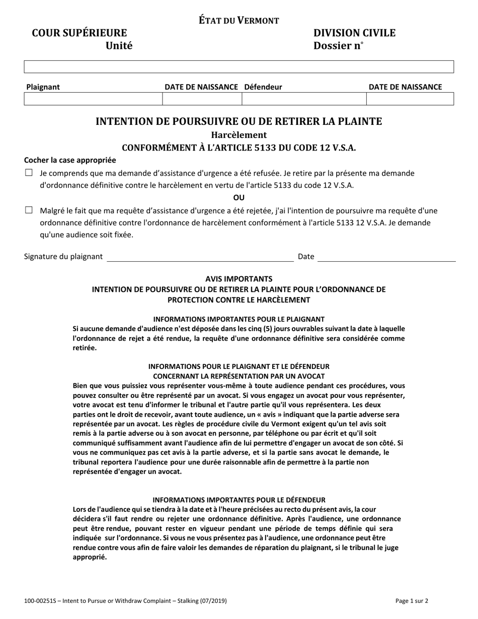 Form 100-00251S Intent to Pursue or Withdraw Complaint - Stalking - Vermont (French), Page 1