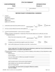 Document preview: Form 400-00842 Motion to Continue Court Hearing - Vermont (French)