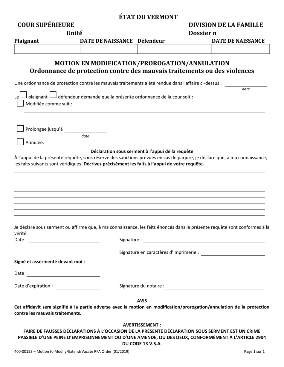 Form 400-00153 Ordonnance De Protection Contre DES Mauvais Traitements Ou DES Violences - Vermont (French), Page 1