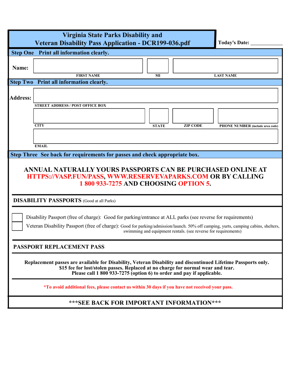 Form DCR199-036 Virginia State Parks Disability and Veteran Disability Pass Application - Virginia, Page 1