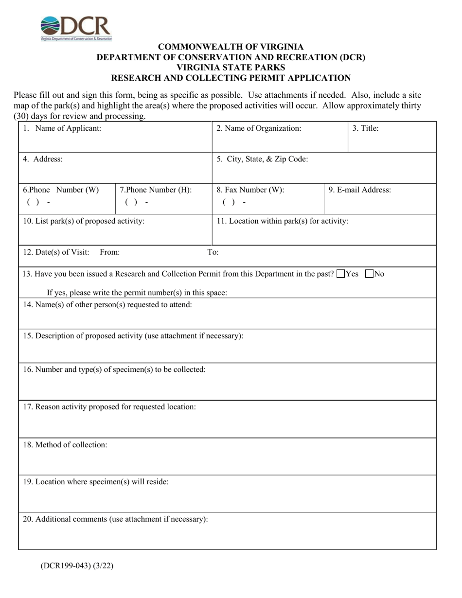 Form DCR199-043 Virginia State Parks Research and Collecting Permit Application - Virginia, Page 1