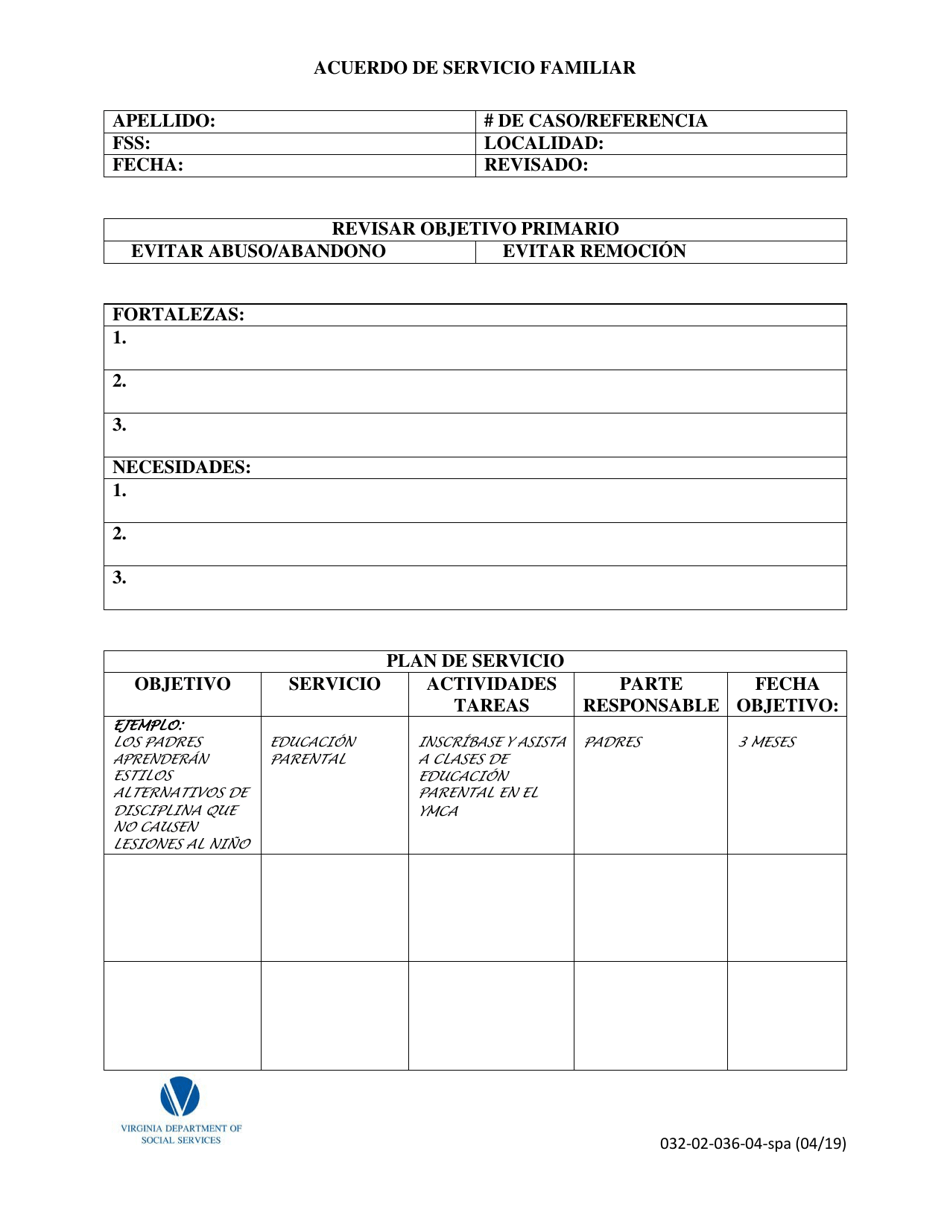 Formulario 032-02-036-04-SPA Acuerdo De Servicio Familiar - Virginia (Spanish), Page 1