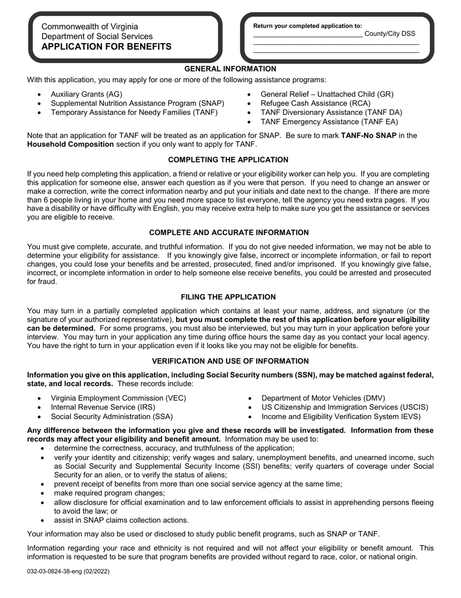 Form 032-03-0824-38-ENG Application for Benefits - Virginia, Page 1