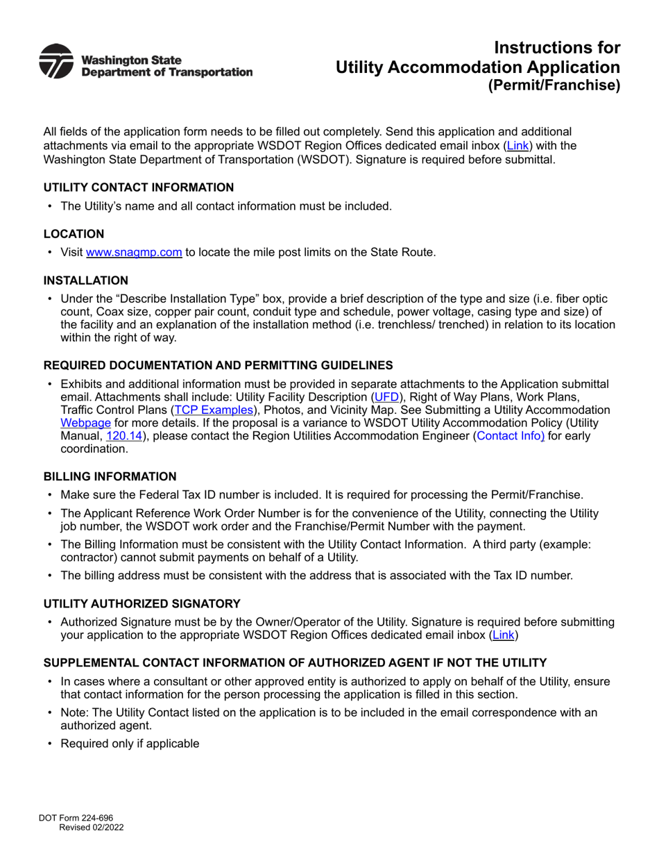 DOT Form 224-696 Utility Accommodation Application (Permit or Franchise) - Washington, Page 1
