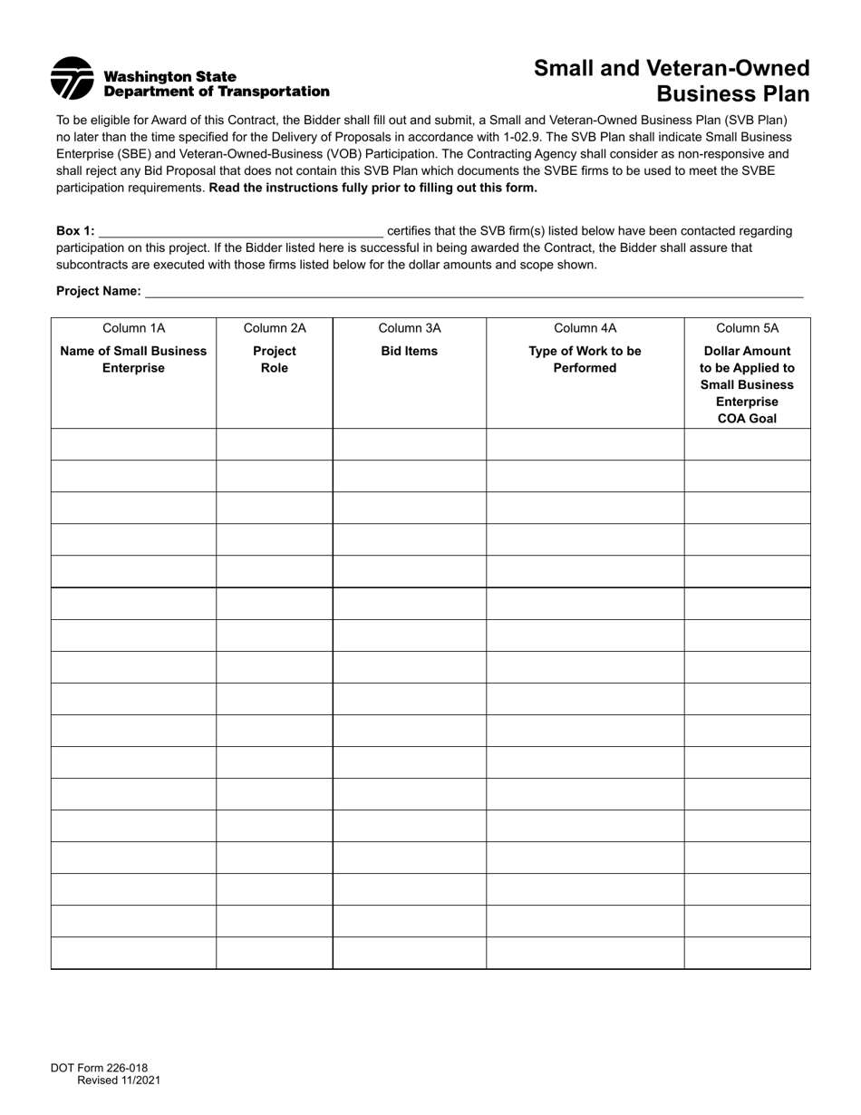 DOT Form 226-018 Small and Veteran-Owned Business Plan - Washington, Page 1