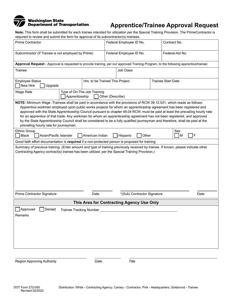 DOT Form 272-050 Apprentice / Trainee Approval Request - Washington, Page 1