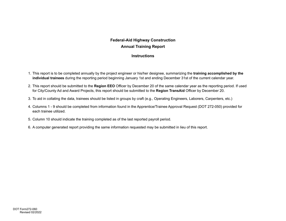 DOT Form 272-060 Federal-Aid Highway Construction Annual Project Training Report - Washington, Page 2