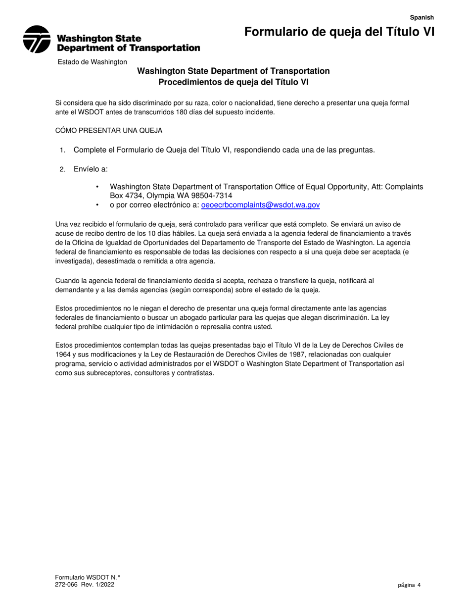 DOT Formulario 272-066 Formulario De Queja Del Titulo Vi - Washington (Spanish), Page 4