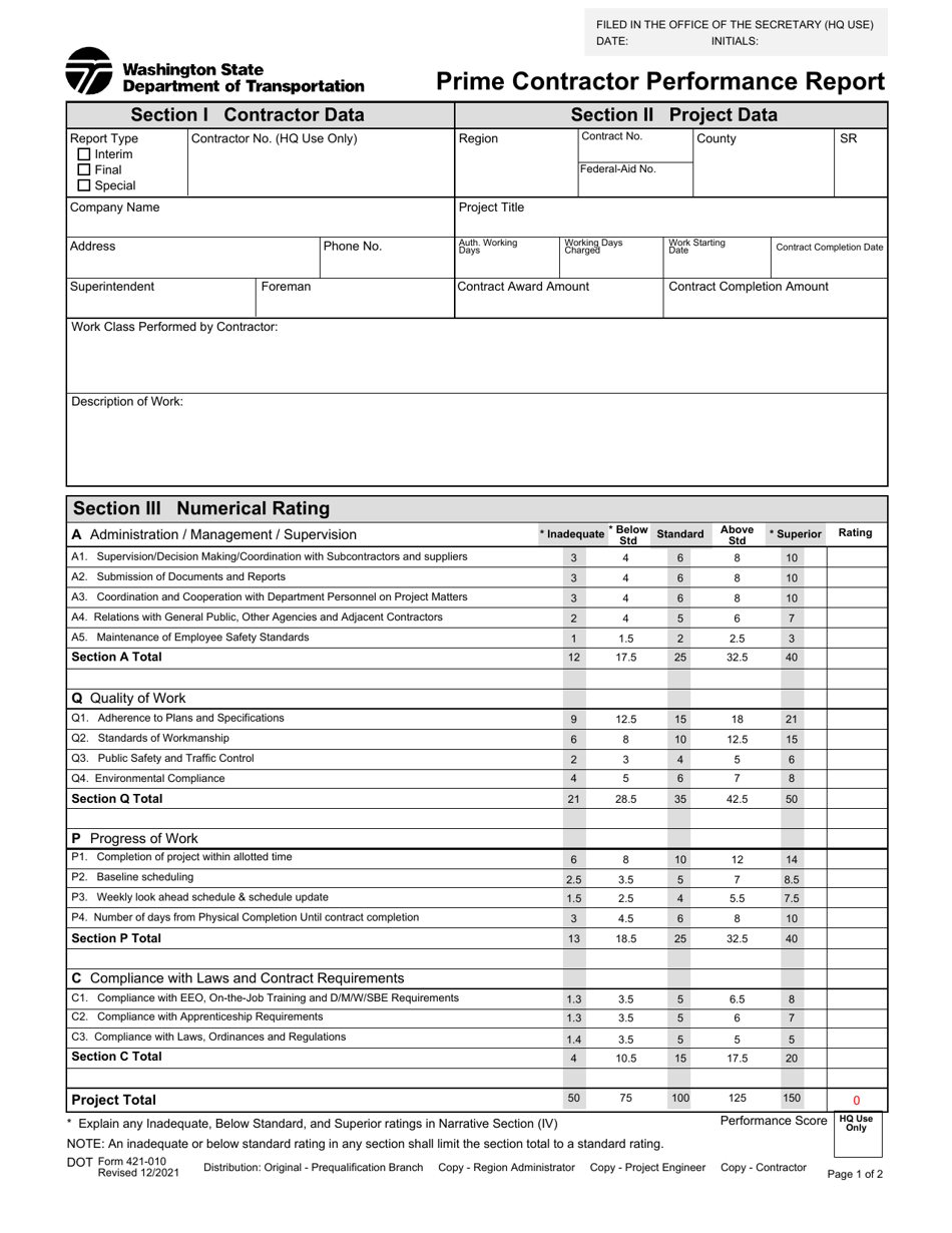 DOT Form 421-010 Prime Contractor Performance Report - Washington, Page 1