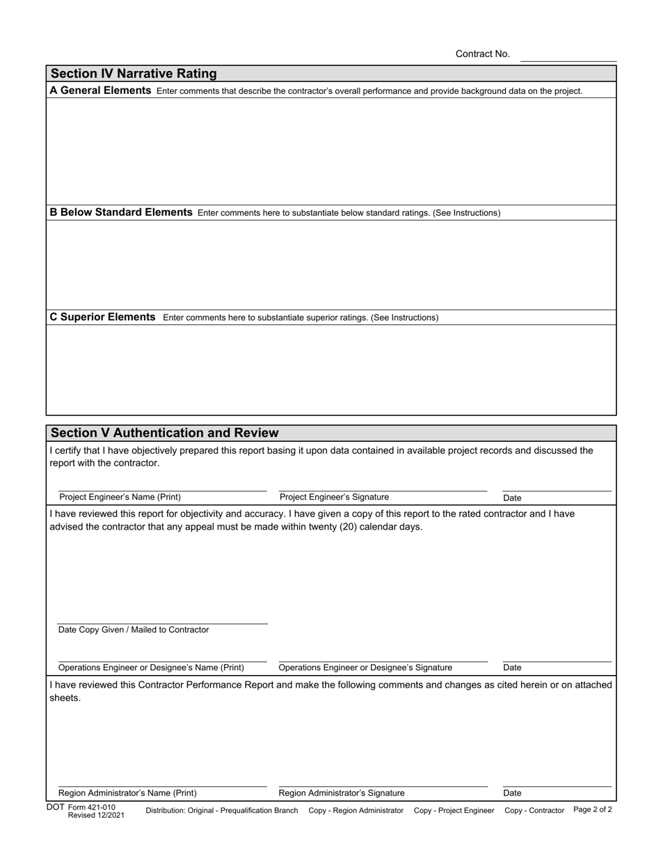 DOT Form 421-010 Prime Contractor Performance Report - Washington, Page 2
