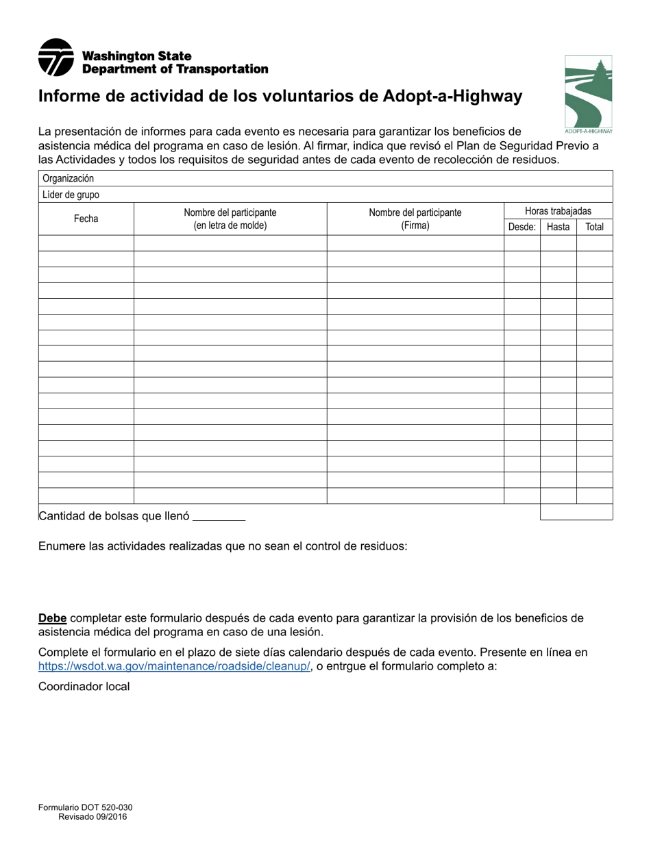 DOT Formulario 520-030 Informe De Actividad De Los Voluntarios De Adopt-A-highway - Washington (Spanish), Page 1