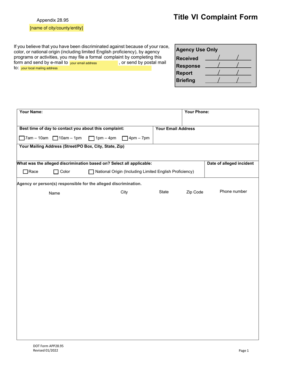 Appendix 28.95 Title VI Complaint Form - Washington, Page 1