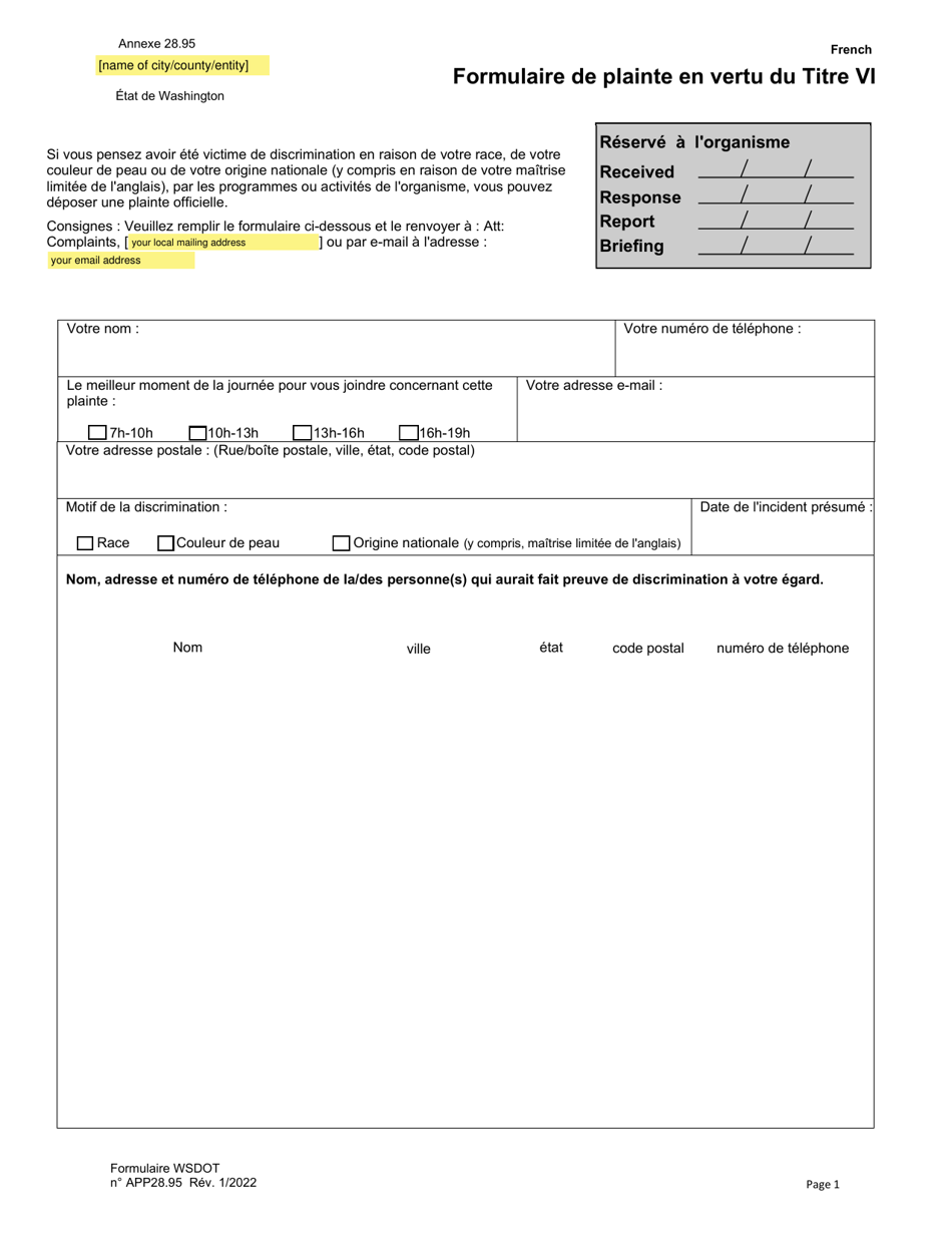 Appendix 28.95 Title VI Complaint Form - Washington (French), Page 1