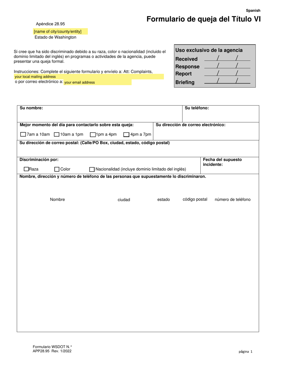 Apendice 28.95 Formulario De Queja Del Titulo Vi - Washington (Spanish), Page 1