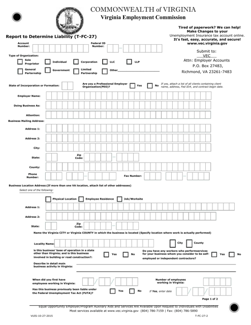 Form T-FC-27 Report to Determine Liability - Virginia