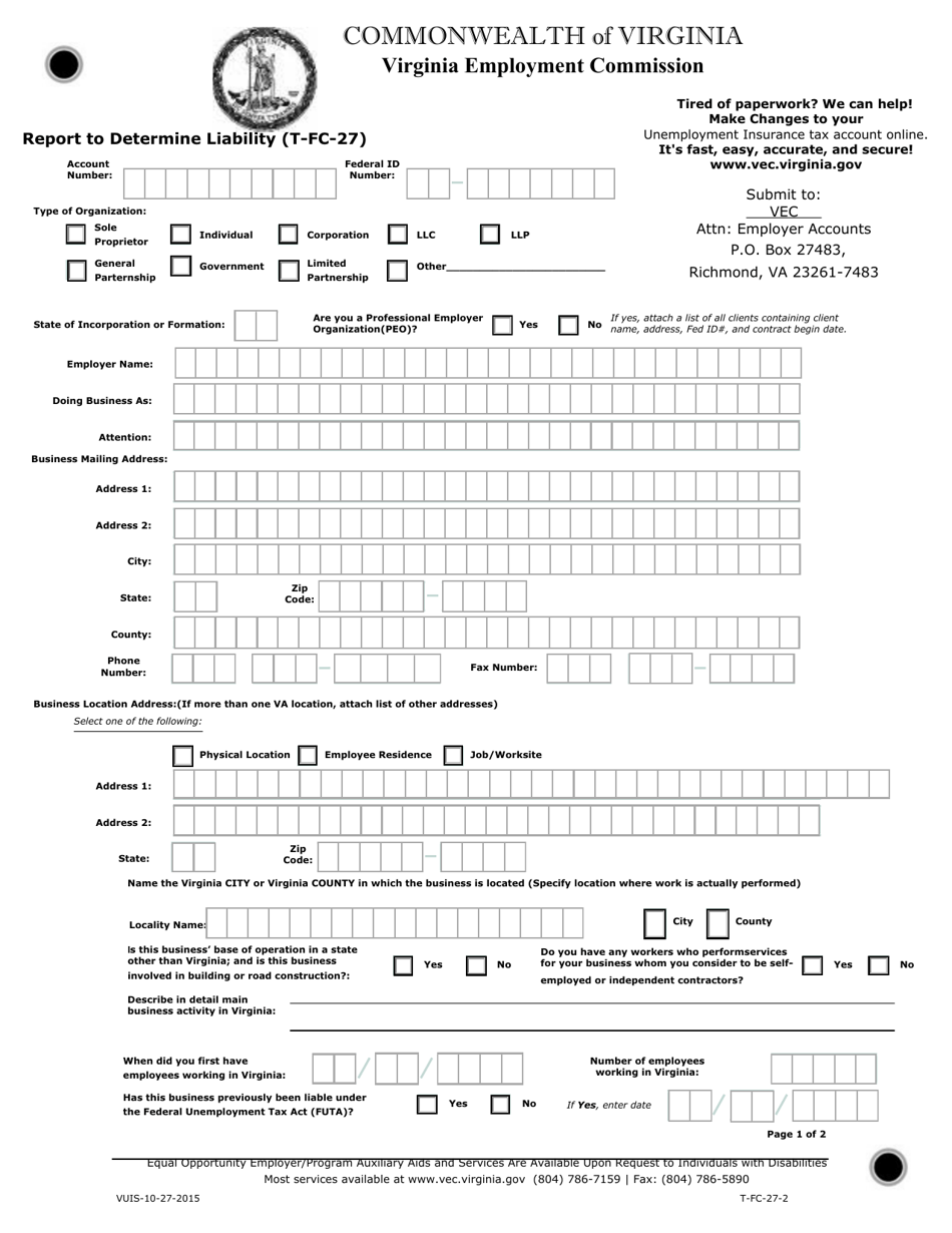 Form T-FC-27 Report to Determine Liability - Virginia, Page 1