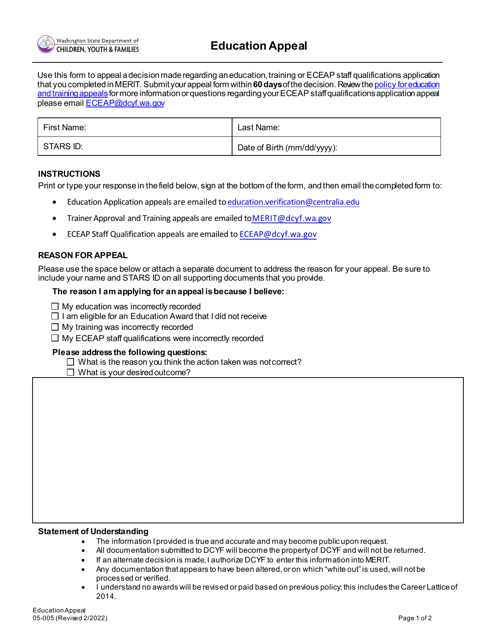 DCYF Form 05-005  Printable Pdf