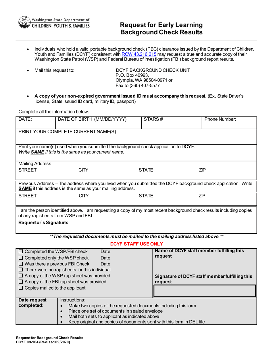 DCYF Form 09-164 Request for Early Learning Background Check Results - Washington, Page 1
