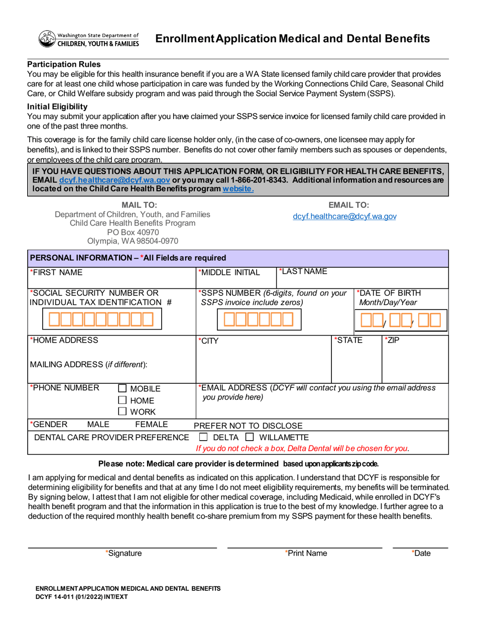 DCYF Form 14-011 Enrollment Application Medical and Dental Benefits - Washington, Page 1
