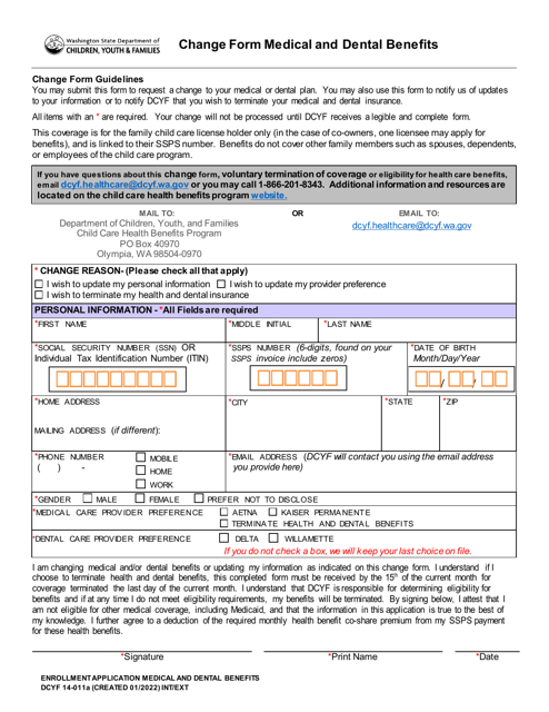 DCYF Form 14-011A Change Form Medical and Dental Benefits - Washington
