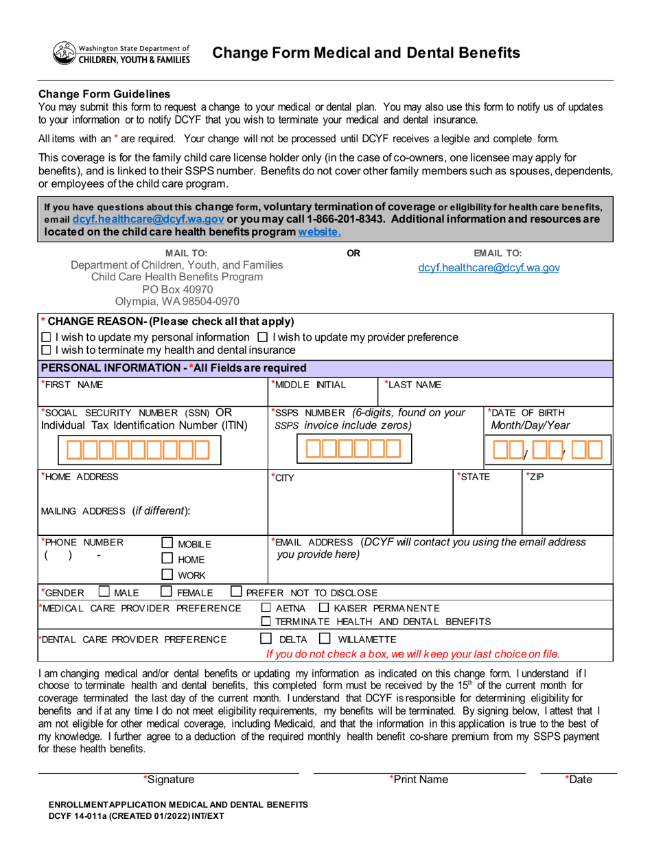 DCYF Form 14-011A Change Form Medical and Dental Benefits - Washington, Page 1