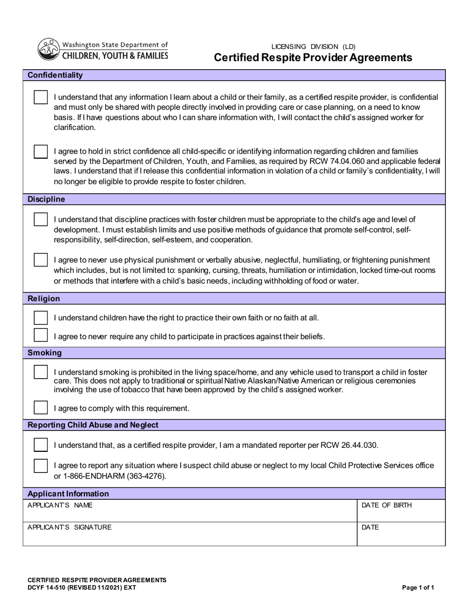 DCYF Form 14-510 Certified Respite Provider Agreements - Washington, Page 1