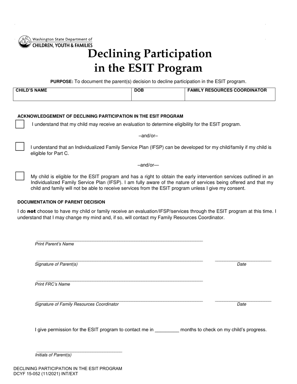 DCYF Form 15-052 Declining Participation in the Esit Program - Washington, Page 1