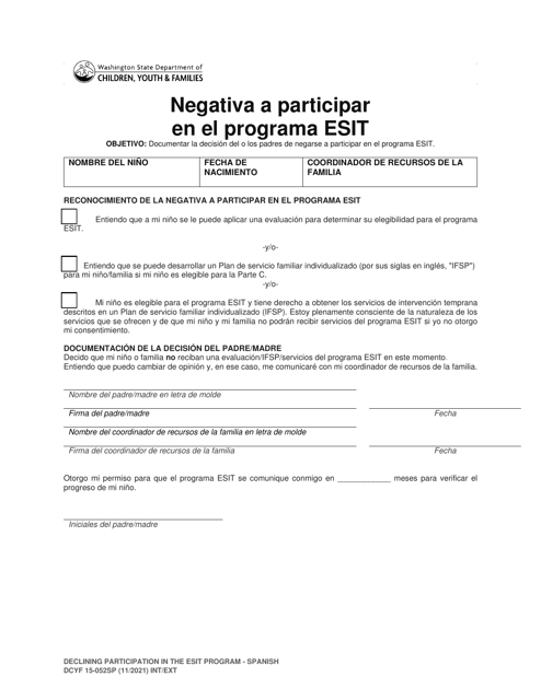 DCYF Formulario 15-052 Negativa a Participar En El Programa Esit - Washington (Spanish)