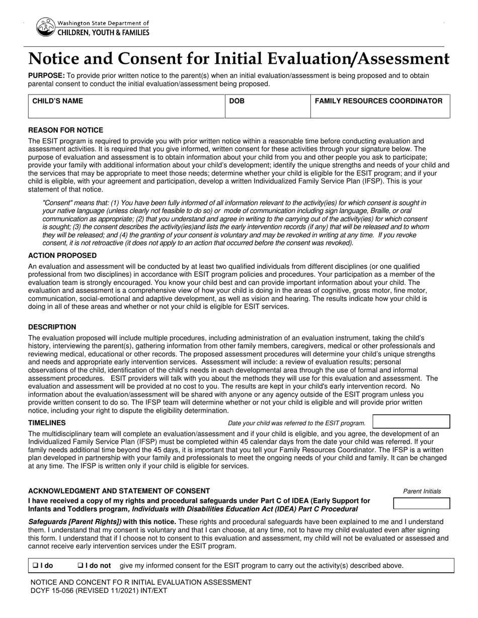 DCYF Form 15-056 Notice and Consent for Initial Evaluation / Assessment - Washington, Page 1