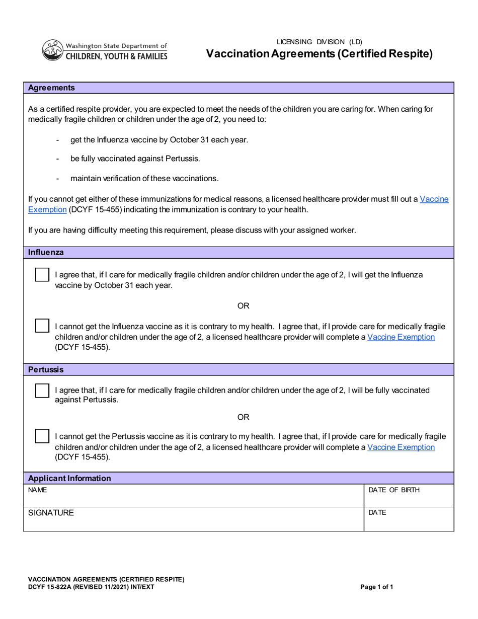DCYF Form 15-822A Vaccination Agreements (Certified Respite) - Washington, Page 1