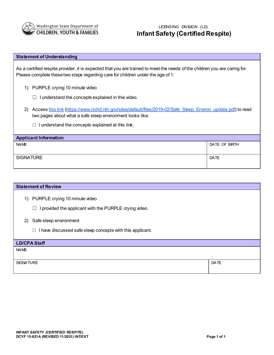 DCYF Form 15-821A Infant Safety (Certified Respite) - Washington, Page 1