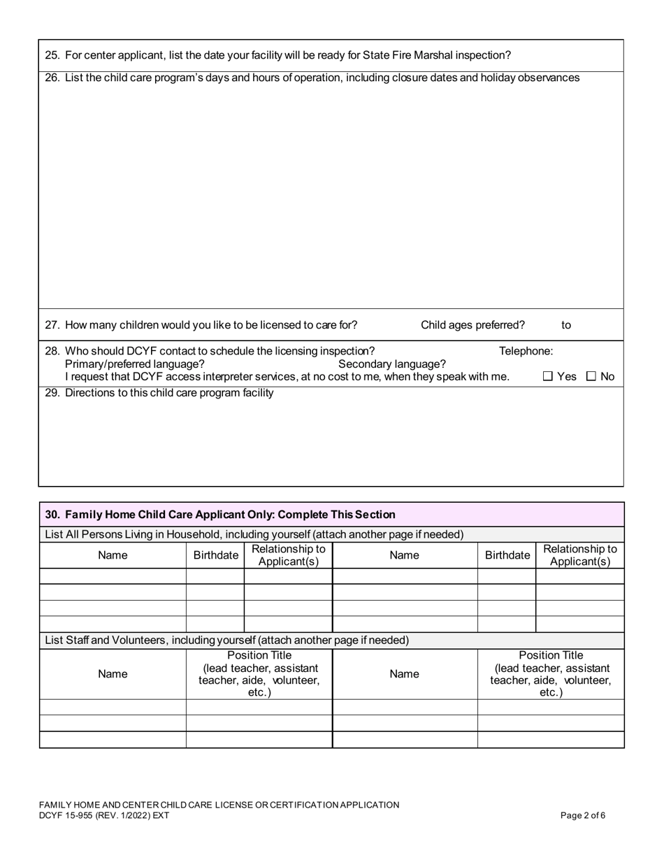DCYF Form 15-955 Family Home and Center Child Care License or Certification Application - Washington, Page 2