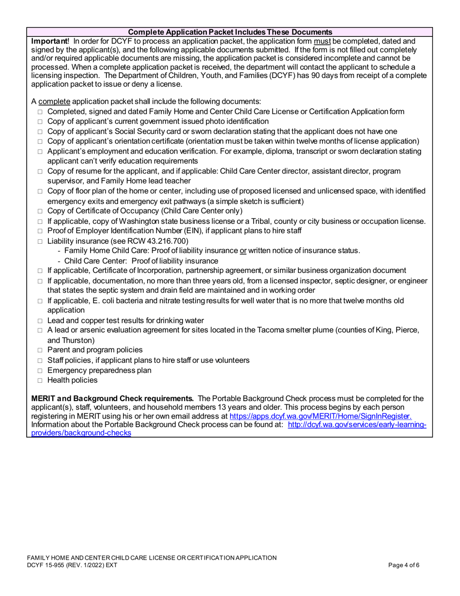 DCYF Form 15-955 Family Home and Center Child Care License or Certification Application - Washington, Page 4