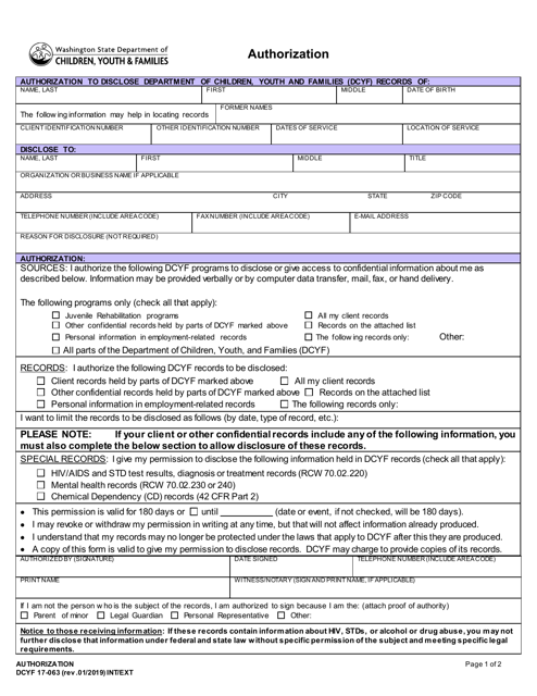 DCYF Form 17-063 Written Authorization - Washington