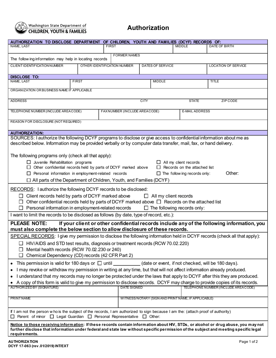 DCYF Form 17-063 Written Authorization - Washington, Page 1