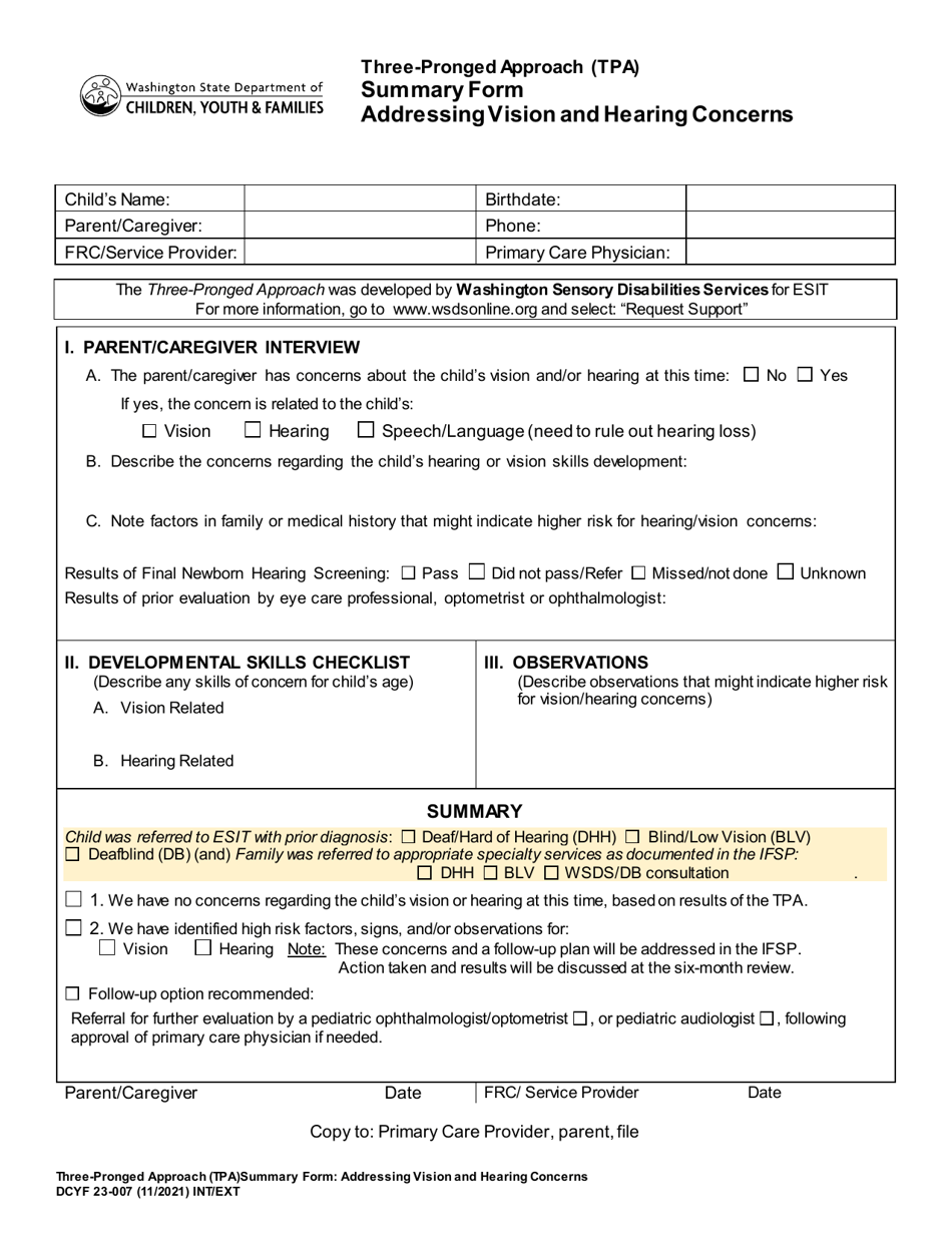 DCYF Form 23-007 Three-Pronged Approach (Tpa) Summary Form - Addressing Vision and Hearing Concerns - Washington, Page 1