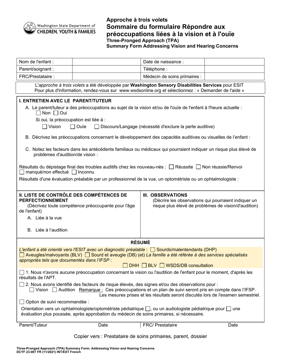 DCYF Form 23-001 Three-Pronged Approach (Tpa) Summary Form - Addressing Vision and Hearing Concerns - Washington (French), Page 1