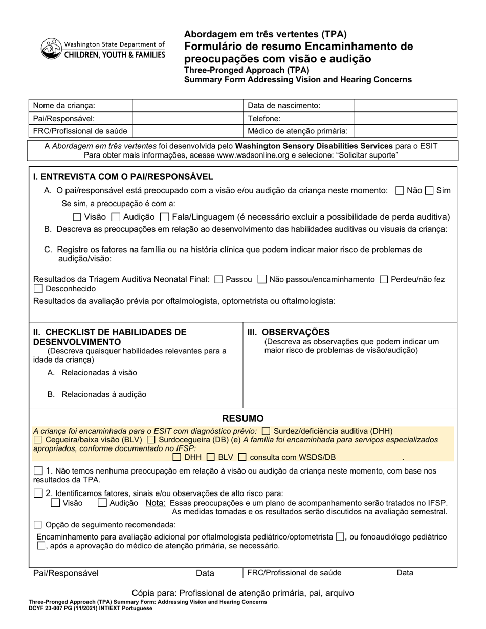 DCYF Form 23-007 Three-Pronged Approach (Tpa) Summary Form - Addressing Vision and Hearing Concerns - Washington (Portuguese), Page 1