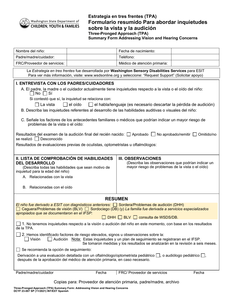 DCYF Formulario 23-007 Estrategia En Tres Frentes (Tpa) Formulario Resumido Para Abordar Inquietudes Sobre La Vista Y La Audicion - Washington (Spanish), Page 1