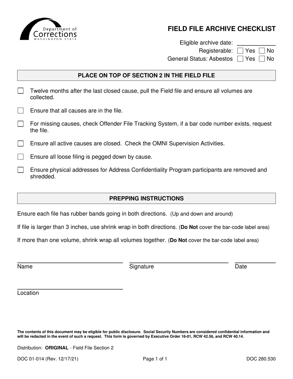 Form DOC01-014 Field File Archive Checklist - Washington, Page 1