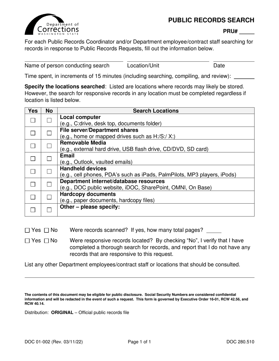 Form DOC01-002 Public Records Search - Washington, Page 1