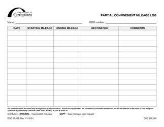 Document preview: Form DOC02-022 Partial Confinement Mileage Log - Washington