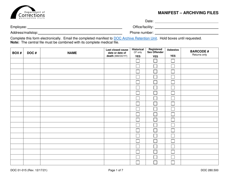 Form DOC01-015 Manifest - Archiving Files - Washington, Page 1