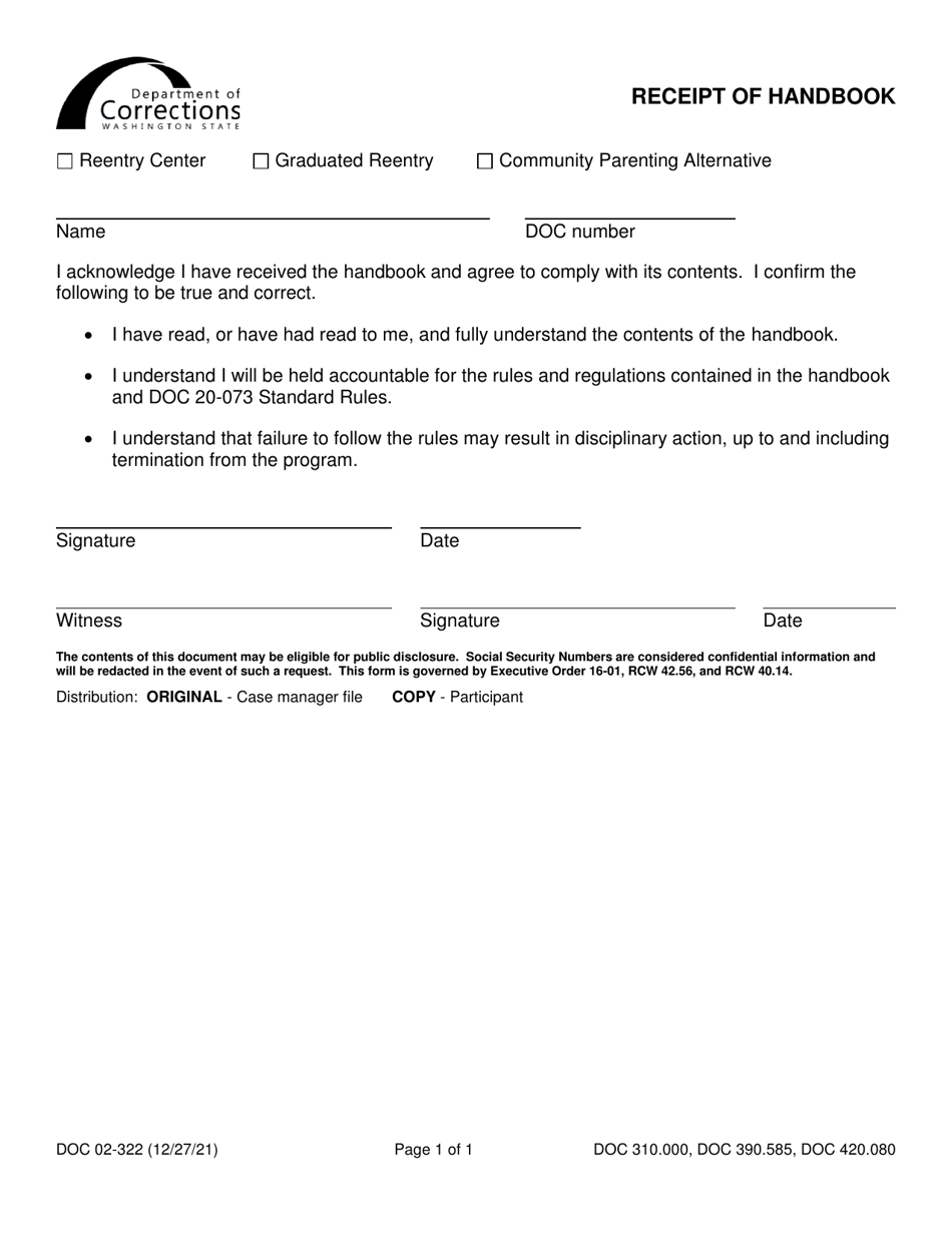 Form DOC02-322 Receipt of Handbook - Washington, Page 1