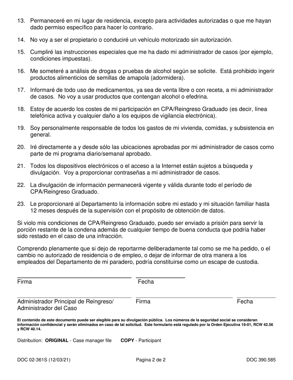 Formulario DOC02-361S Condiciones De Reingreso - Washington (Spanish), Page 2