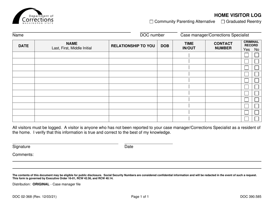 Form DOC02-368 Home Visitor Log - Washington, Page 1