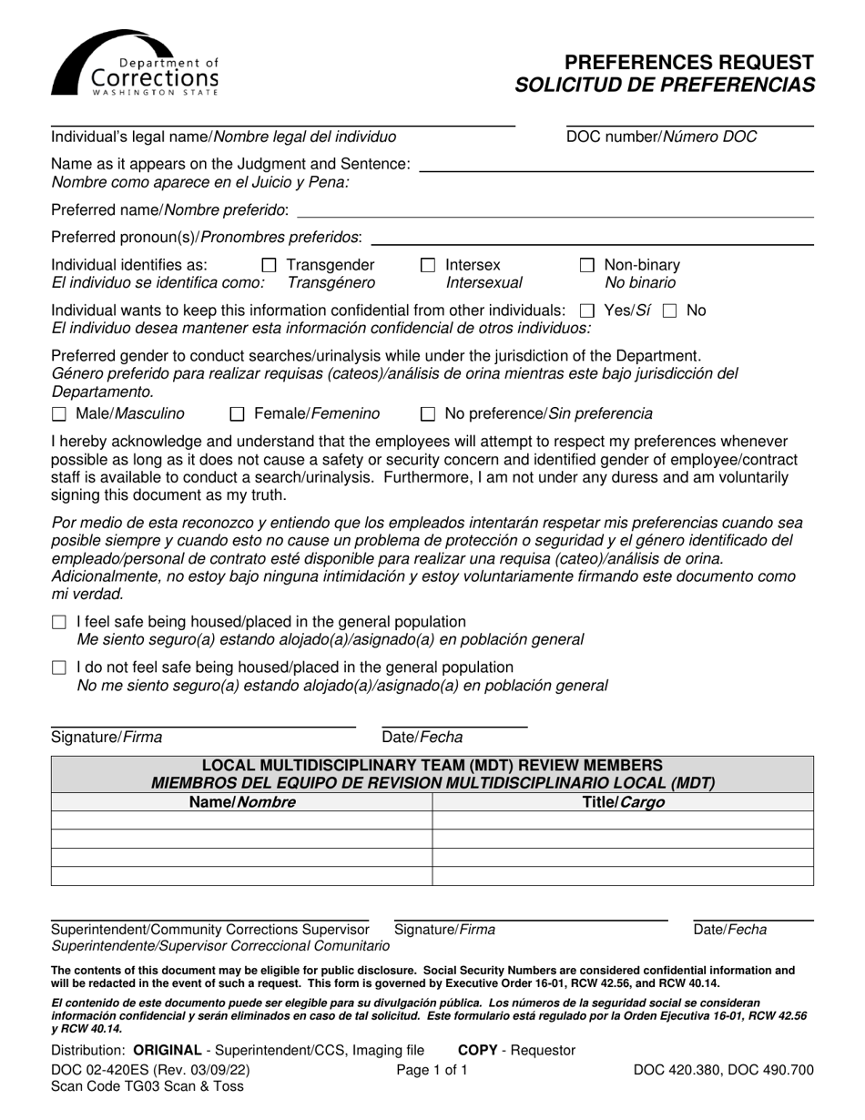 Preference Declaration Form DOC02-420ES Download Printable PDF or Fill Online Preferences ...