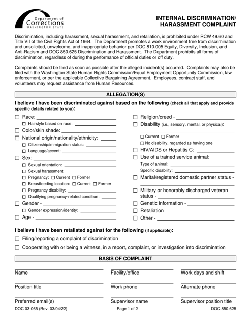 Form DOC03-065 Internal Discrimination/Harassment Complaint - Washington